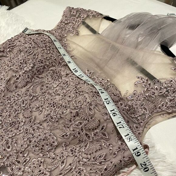 NEW MGNY by Mori Lee Beaded Lace Illusion Neck A-Line Maxi Dress Gown in Dusty L - Picture 4 of 12
